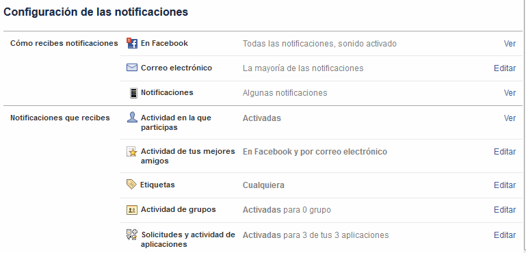 Configurar notificaciones en Facebook
