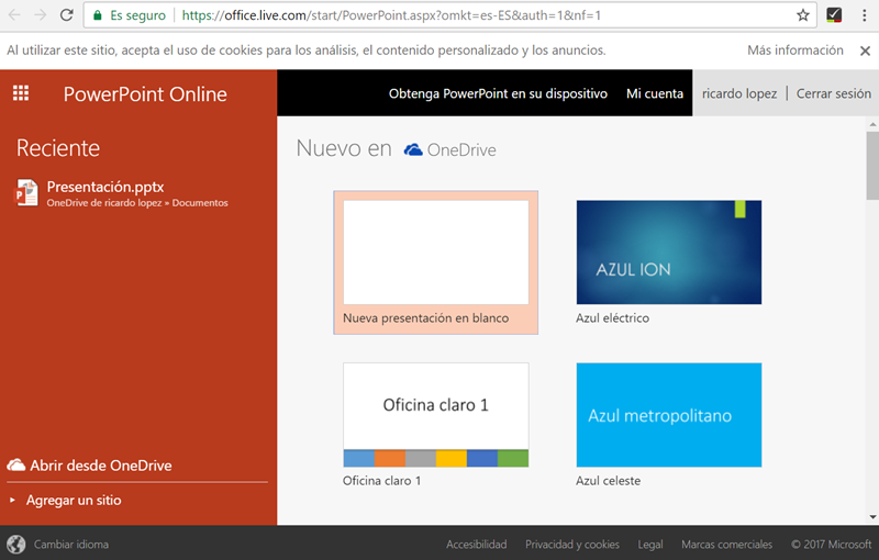 Pantalla inicial de PowerPoint online