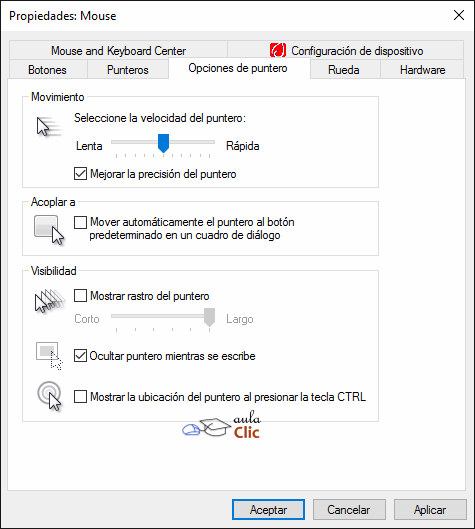 Propiedades del ratón -  Opciones de puntero