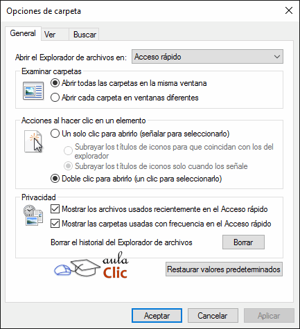 Opciones de carpeta y búsqueda