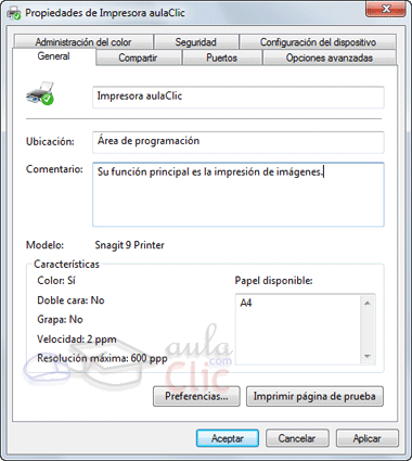 Propiedades de impresora - General