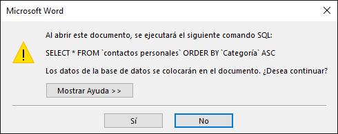 Aviso ejecución de SQL