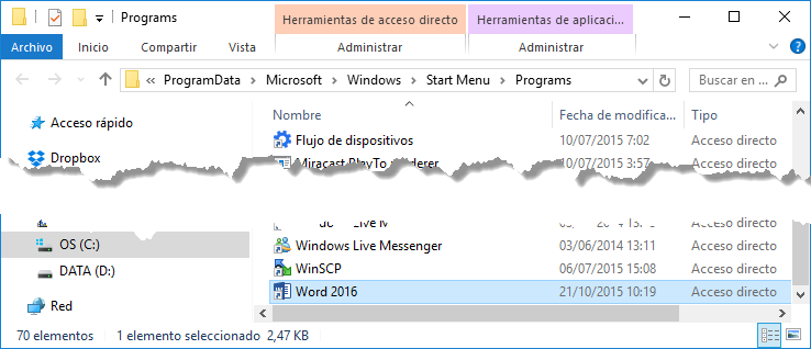 carpeta arrancar Word