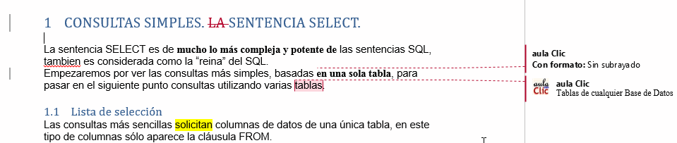 Control de cambios, comentarios, resaltado