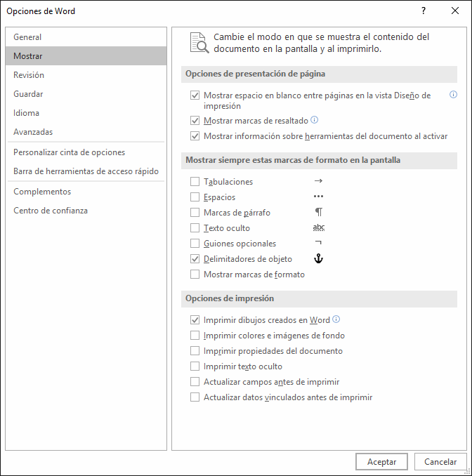 Opciones de impresión