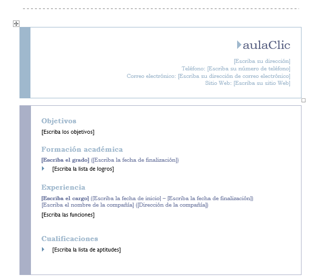 Plantilla Currículum origen aplicada