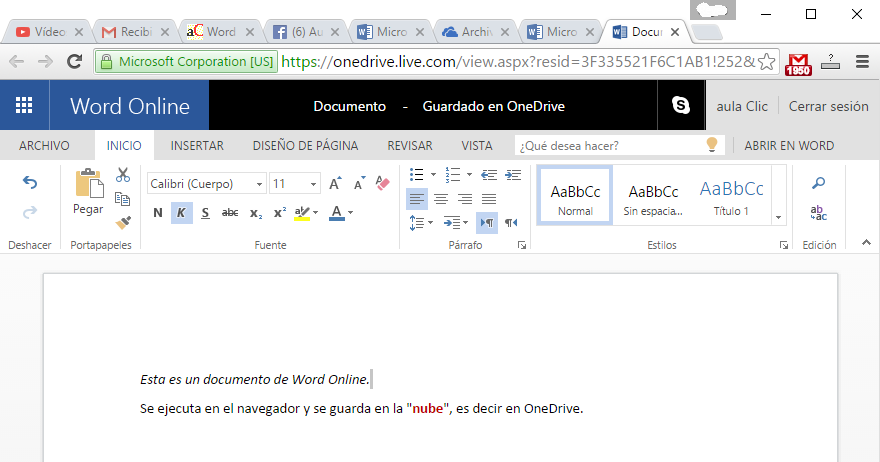 la interface de word online 