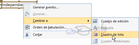 Menú contextual de control independiente > Cambiar a > Cuadro de lista