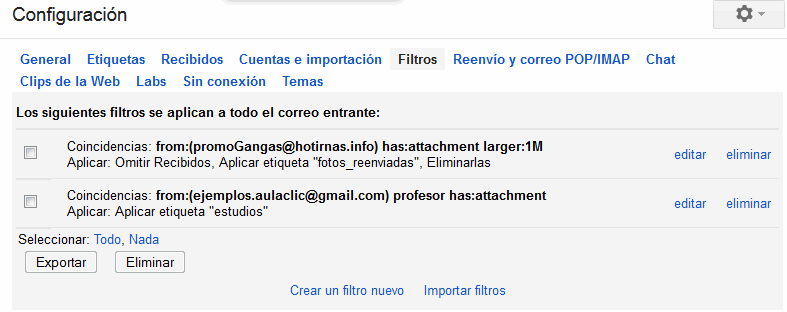 configuración de filtros en gmail
