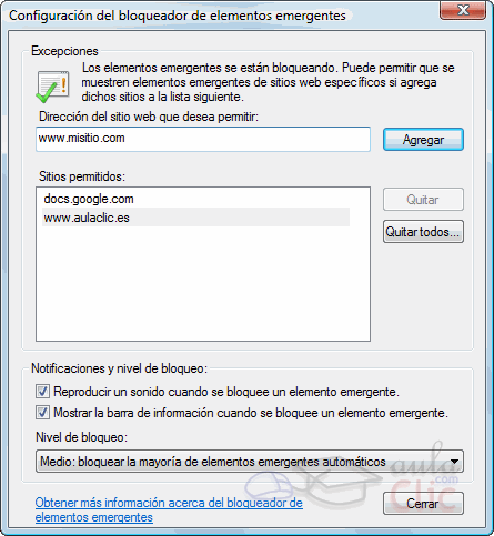 Ventana de configuración del bloqueador